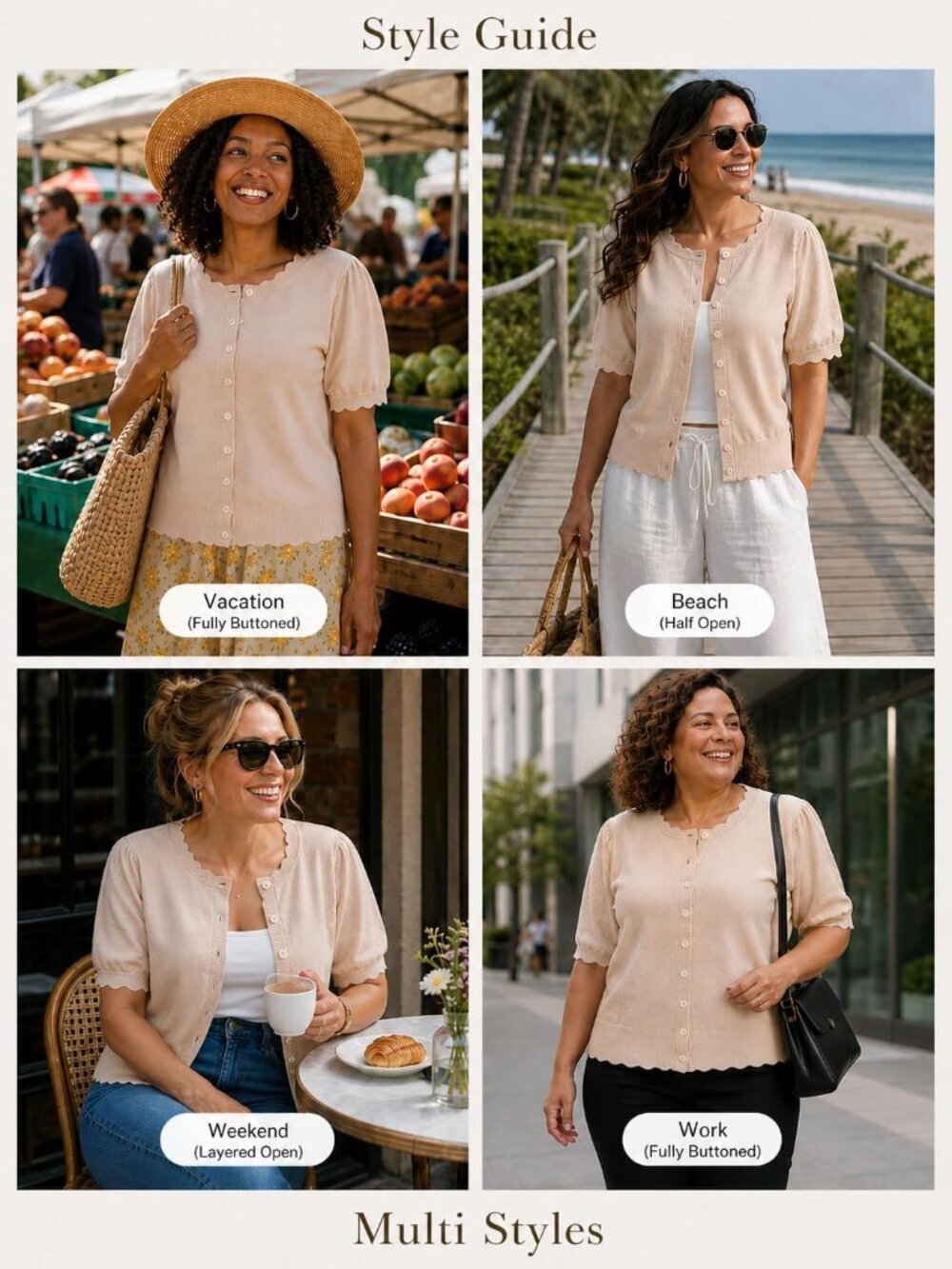 Women's Beige Short Sleeve Crew Neck Button Up Imported Sweaters Cardigan - Picture 6 of 6